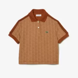 image of Lacoste Womens Regular Fit Contrast Collar Monogram Print Polo Shirt Size 10 Beige / Brown