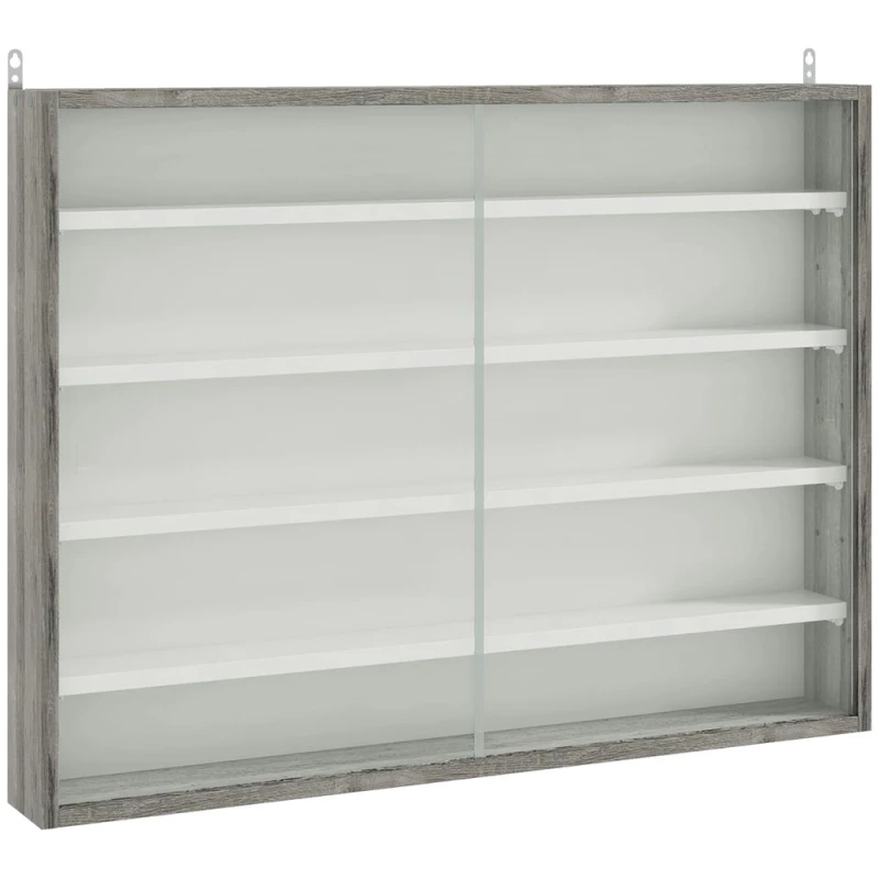 Image of HOMCOM 5-tier Wall Display Shelf Unit Cabinet With?4 Adjustable Shelves Glass Doors 60X80cm? - Wood Grain, Grey 833-761V81GY