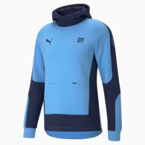 image of PUMA Man City Evostripe Mens Football Hoodie, Light Blue/Peacoat, size Medium, Clothing