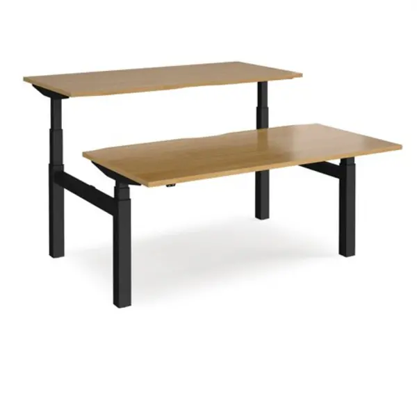 Image of Elev8 Height Adjustable Desk Back To Back Rectangular Desks 1600mm Oak Tops With Black Frames Elev8 Touch Oak EVTB-1600-K-O