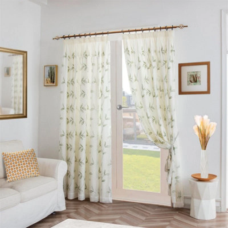 Image of Luxury Living Leaf Embroidered Tulle Voile Curtains Pencil Pleat Sage