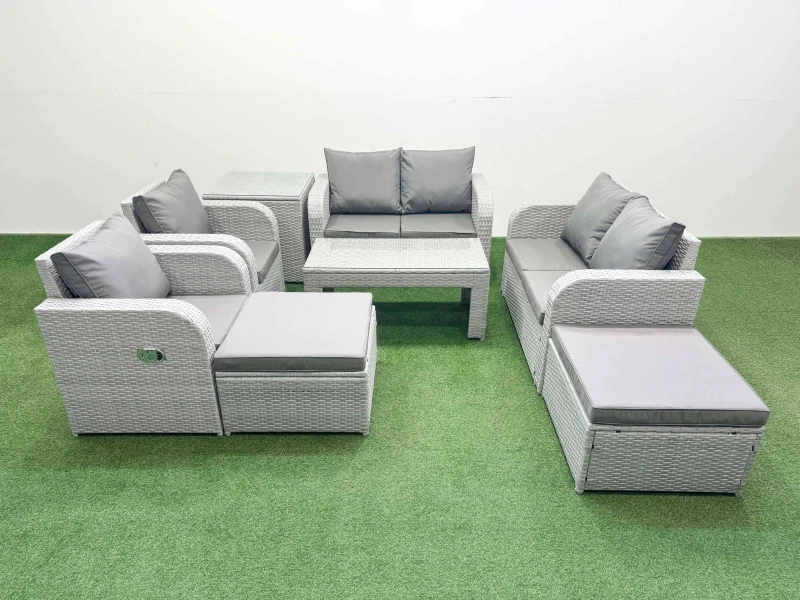 Image of Fimous 8 Seater Outdoor Reclining Chair Love Sofa Set Rattan Garden Furniture Set with Oblong Coffee Table 2 Big FootStools Side Table Light Grey Lig
