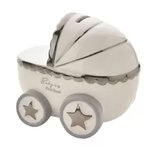 Image of Bambino Ceramic Pram Shaped Money Box Grey