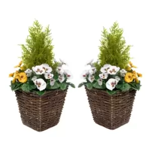 Image of Greenbrokers Artificial Yellow & White Pansy Rattan Patio Planters 60Cm/24In (set Of 2)
