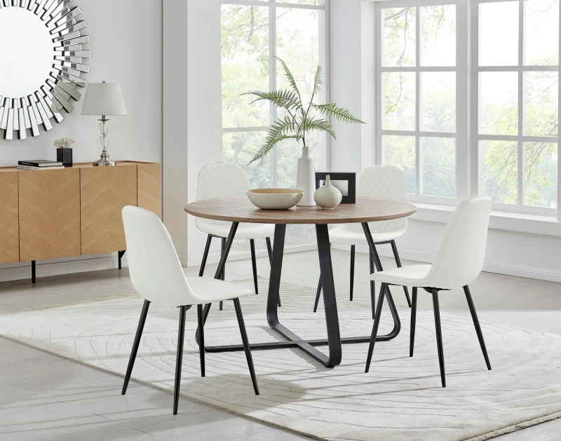 Image of FurnitureboxUK FurnitureboxUK Santorini Brown Round Table & 4 Corona Black Leg Chairs in Off White Off White One Size Unisex 5056657126353