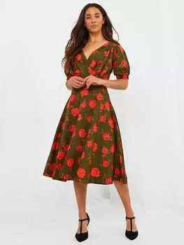 image of Joe Browns Radiant Roses Midi Dress -green, Green, Size 10, Women