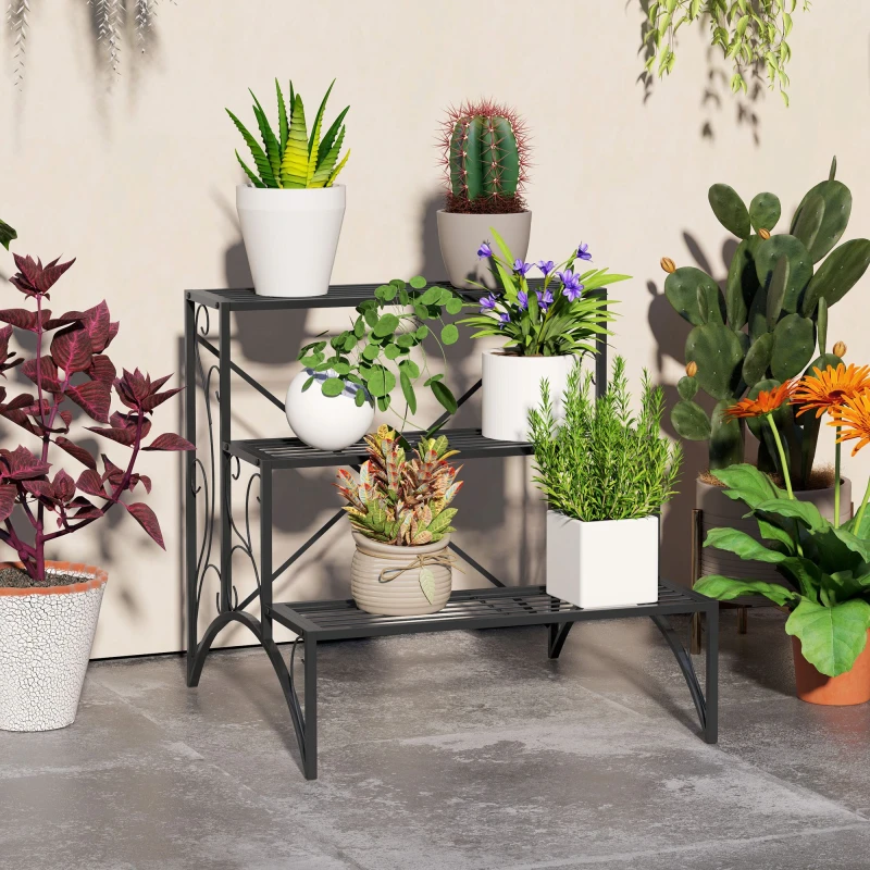 Image of Outsunny 3-Tier Metal Plant Stand for Garden Balcony Indoor Outdoor, Black Black