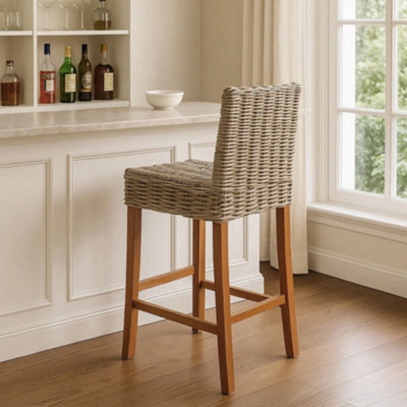 Image of Orsina Natural Rattan Bar Chair, Bar Stool For Kitchen, Bar Area, Breakfast Stool For Home Bar, Wooden Frame