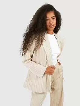 Image of Boohoo Pinstripe Double Breasted Blazer - Sand, Beige, Size 12, Women