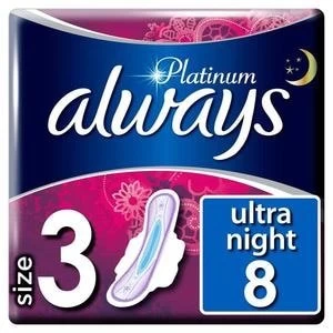 image of Always Platinum Night Size 3 Sanitary Towels Wings Pads x8