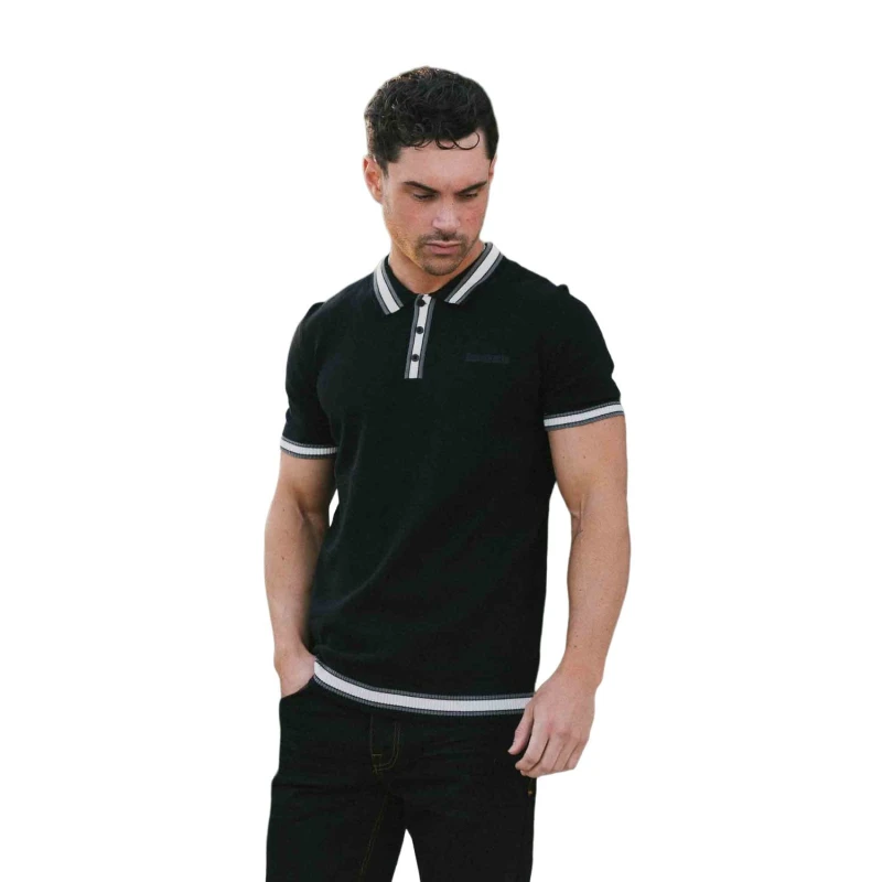 Image of Lambretta Lambretta Men Valero Knitted Tipped Short-Sleeved Polo Shirt in Black Size: large Black L Male 5063703651028