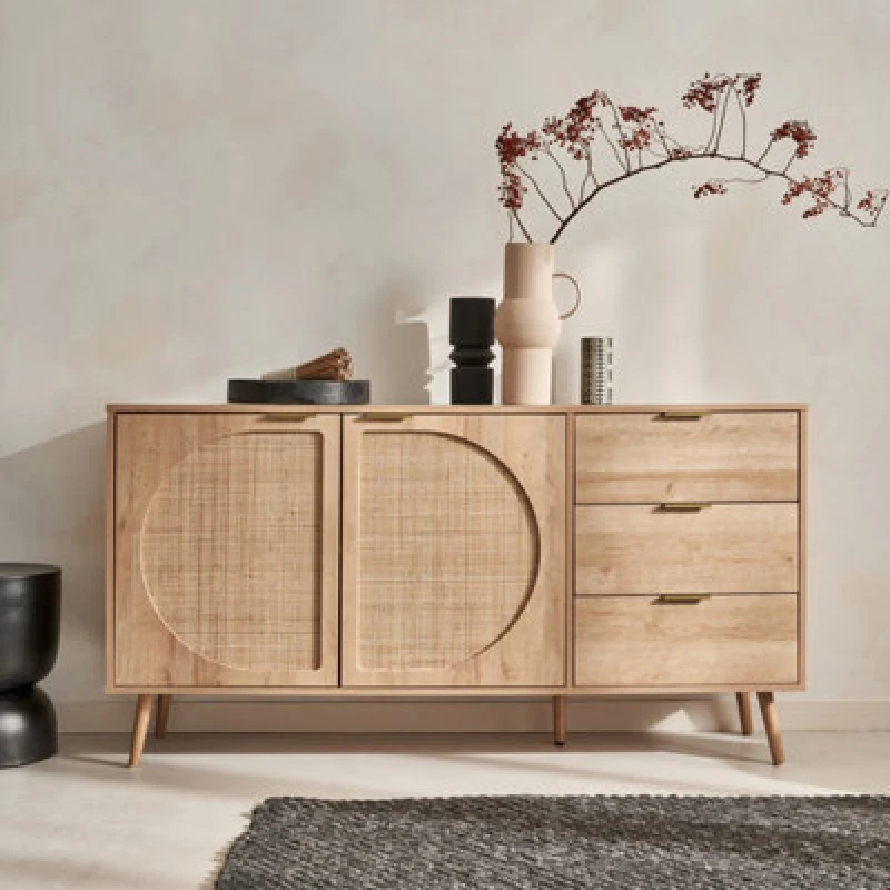 Image of sweeek 150cm Wood And Rounded Cane Rattan Sideboard Light Brown