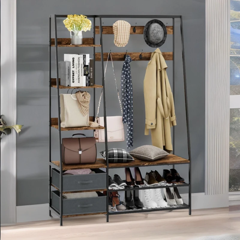 Image of Rafaelo Mobilia Industrial Coat Rack Stand With 2 Fabric Drawers & 9 Hooks in Dark Brown Dark Brown Unisex