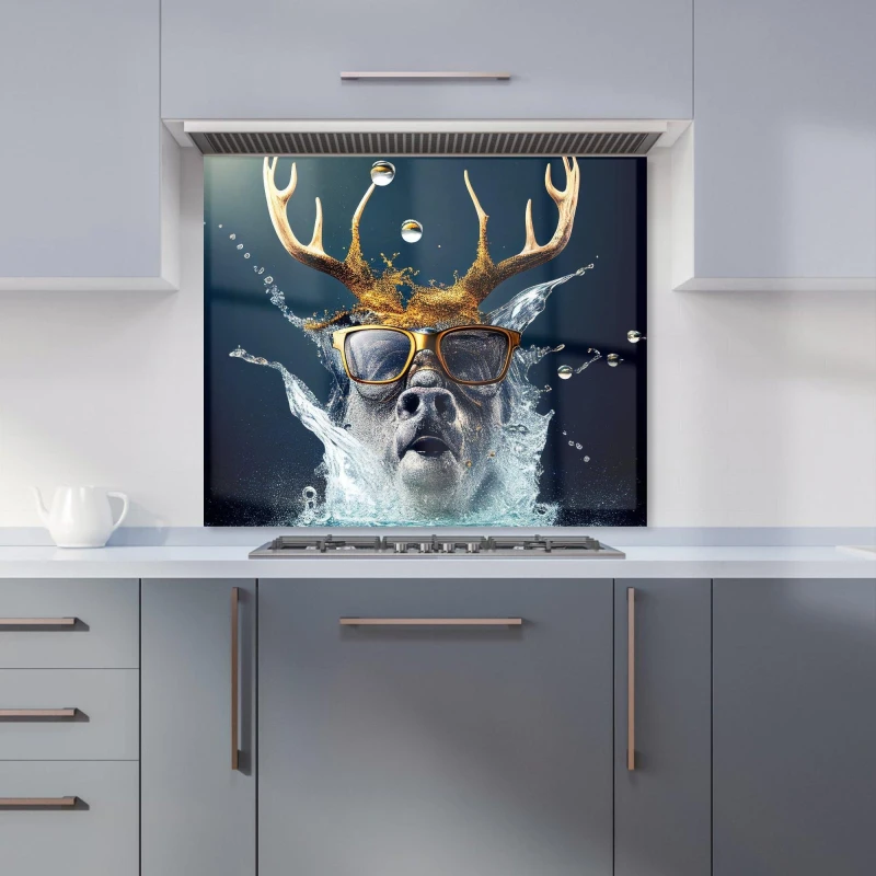 Image of Warren Reed - Designer Stag With Glasses Splashart Kitchen Splashback in Grey Size: 600mm x 750mm Grey Unisex 600mm x 750mm