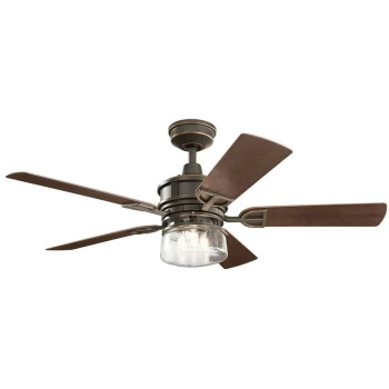 image of Kichler Lyndon Patio 5 Blade 132cm Ceiling Fan with LED Light Olde Bronze Remote Control - Elstead