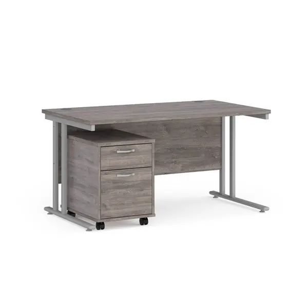 image of Maestro 25 Straight Desk with Silver Cantilever Frame and 2 Drawer Pedestal - Grey Oak - 1400mm x 800mm