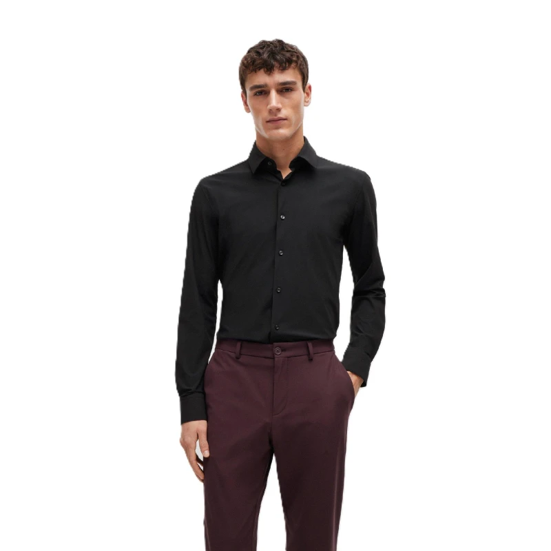 Image of Boss Mens Hank Kent Long Sleeve Oxford Shirt Black male 15.7 inch