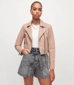 Image of AllSaints Womens Rift Leather Biker Jacket, Misty Pink, Size: 8