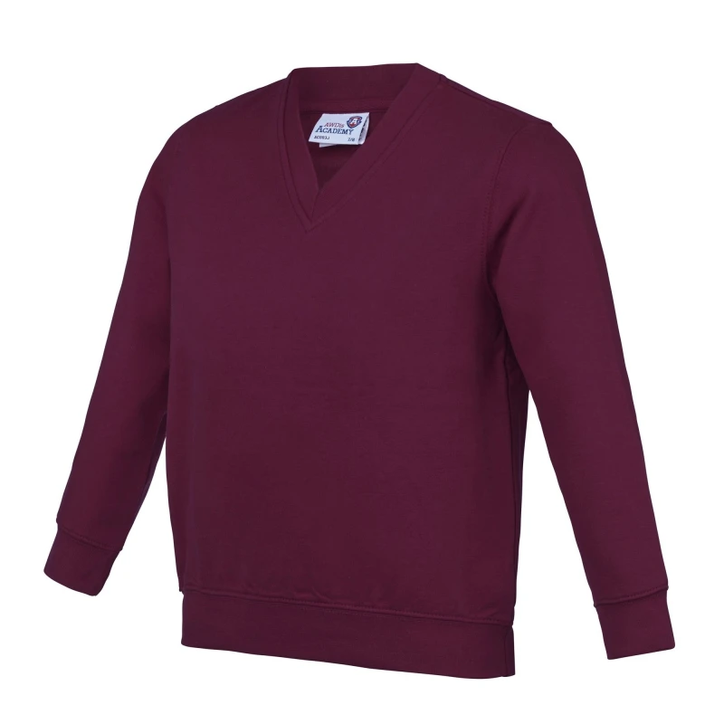 Image of AWDis Academy V Neck School Jumper Sweatshirt in Burgundy Size: 3-4 Years Burgundy Unisex 3-4 Years