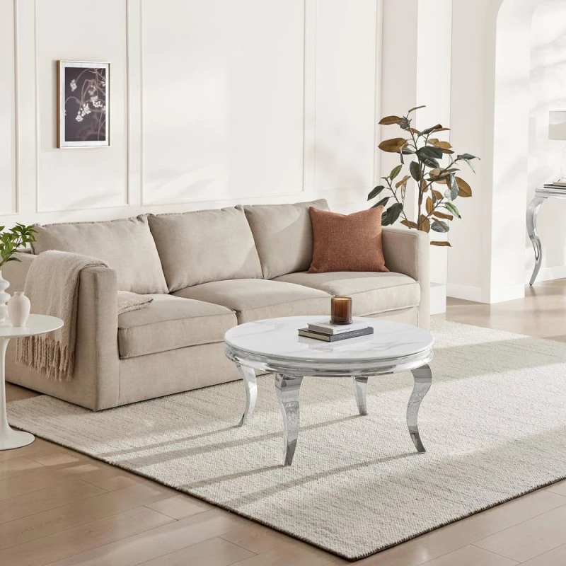 Image of FurnitureboxUK Skye Round White Marble Glass & Metal Coffee Table White Unisex