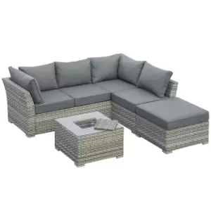 image of Outsunny 5-Seater Patio PE Rattan Sofa Set, Outdoor Wicker Sectional Conversation Aluminum Frame Furniture Set, Tea Table with Ice Bucket, Light Grey