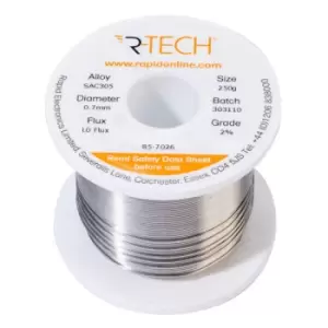 image of R-TECH 857026 SAC305 Solder 2% L0 Flux Halide-Free 0.7mm 250g Reel