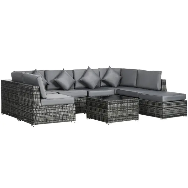 image of Outsunny 8 Pieces PE Rattan Corner Sofa Set Garden Furniture Set Patio Wicker Sofa Seater w/ Cushion Washable Cushion Cover Tempered Glass Table Grey