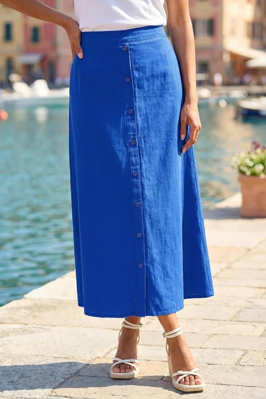 Image of Roman Womens Linen Button Pencil Midi Skirt in Navy Size: 10 Navy Female 10