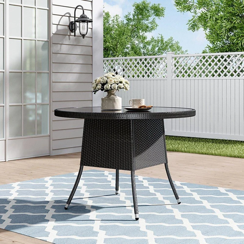 Image of Breeins Black Wicker Table with Tempered Glass & Hole Black unisex One size
