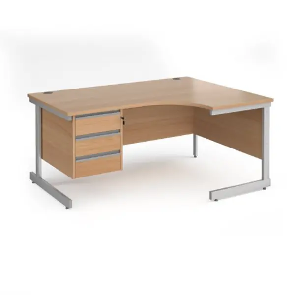 image of Office Desk Right Hand Corner Desk 1600mm With Pedestal Beech Top With Silver Frame 1200mm Depth Contract 25 CC16ER3-S-B