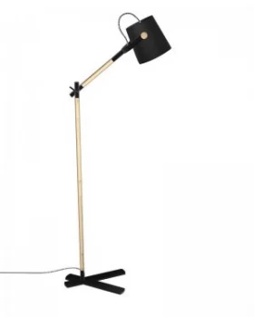 image of Floor Lamp with Black Shade 1 Light E27, Matt Black, Beech with Black Shade