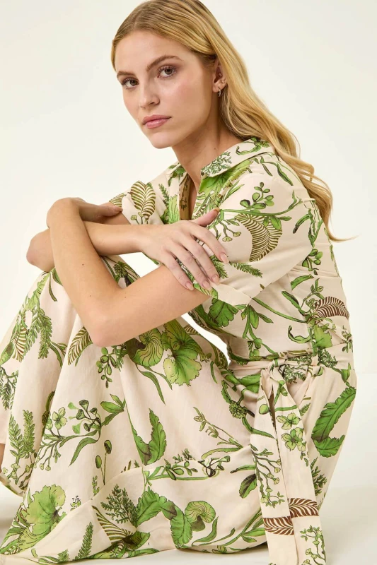 Image of Roman Womens Floral Tie Waist Shirt Dress in Cream Size: 18 Cream Female 18