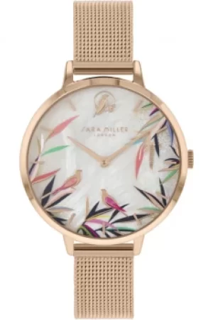 Sara Miller Bamboo Garden Ladies Rose Gold Stainless Steel Mesh Strap Bird Dial Watch SA4070