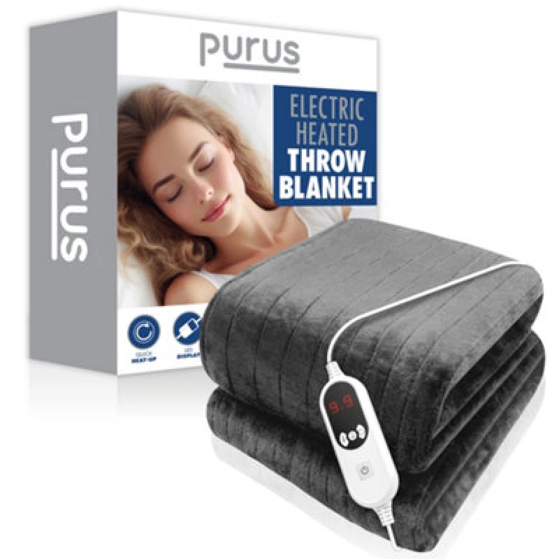 Image of PURUS Deluxe Electric Throw Heated Double Over Sofa Blanket Soft Fleece 160x120cm Grey