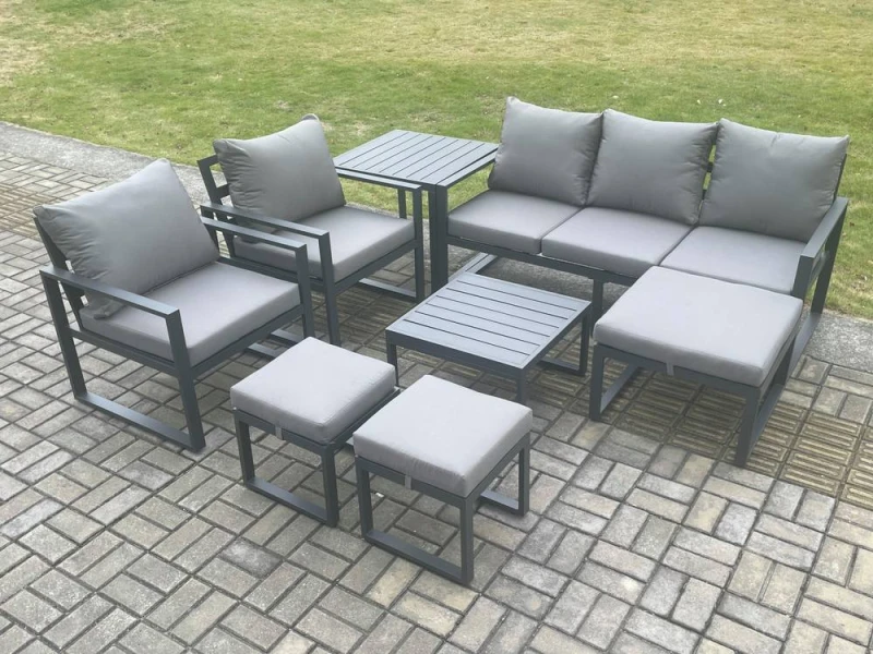 Image of Fimous Aluminium Outdoor Lounge Sofa Set Garden Furniture Sets with Square Coffee Table 2 Chairs 3 Footstools Side Table Dark Grey 8 Seater Dark Grey