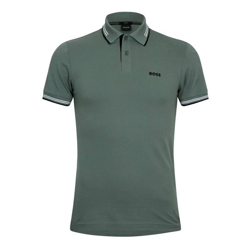 Image of Boss Mens HBG Paul Polo Contrast Striped Trim Shirt Short Sleeve Polos S Green 54489415350