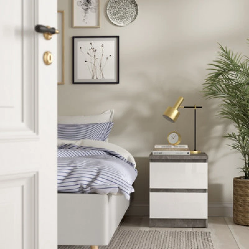 Image of Furniture To Go Naia Bedside 2 Drawers In Concrete/white High Gloss (W) 40.4 X (H) 49.5 X (D) 50Cm
