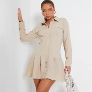 I Saw It First Textured Cinched Waist Shirt Dress - Neutral