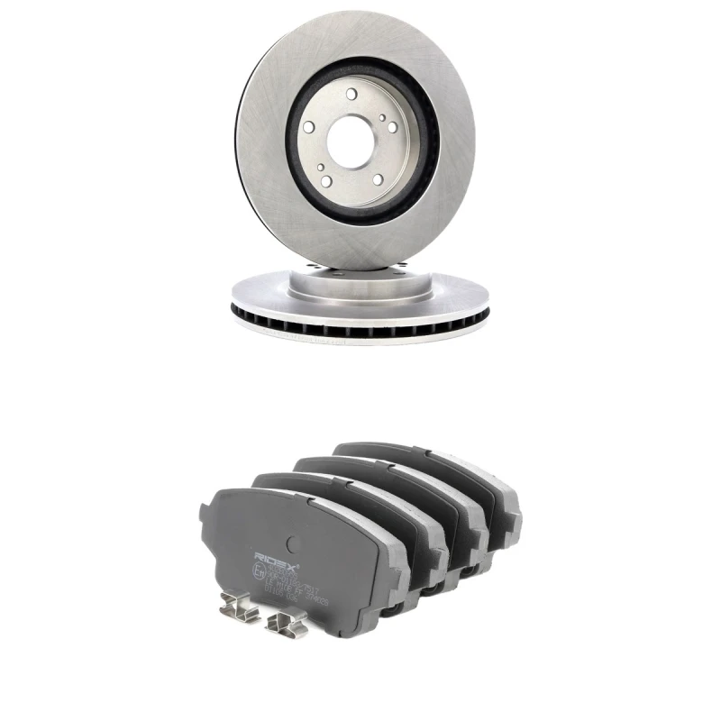 Image of RIDEX 3405B2903 Brake disc and pads set Front Axle, Brake Disc Type: internally vented, with acoustic wear warning Brake Set,disc brakes (3405)