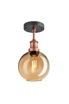 Image of Brooklyn Tinted Glass Globe Flush Mount, 7 Inch, Amber, Copper Holder