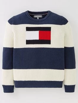 Image of Tommy Hilfiger Boys Flag Color Block Sweater - Navy/Ivory, Navy/Ivory, Size Age: 7 Years