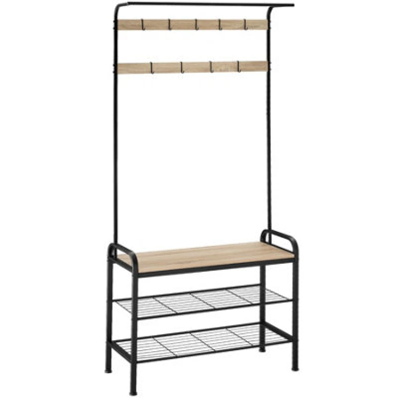 Image of Tectake Coat Stand - Shoe Rack, Seat, 2 Shelves And 9 Coat Hooks 85.5X36X184Cm - Industrial Wood Light, Oak Sonoma