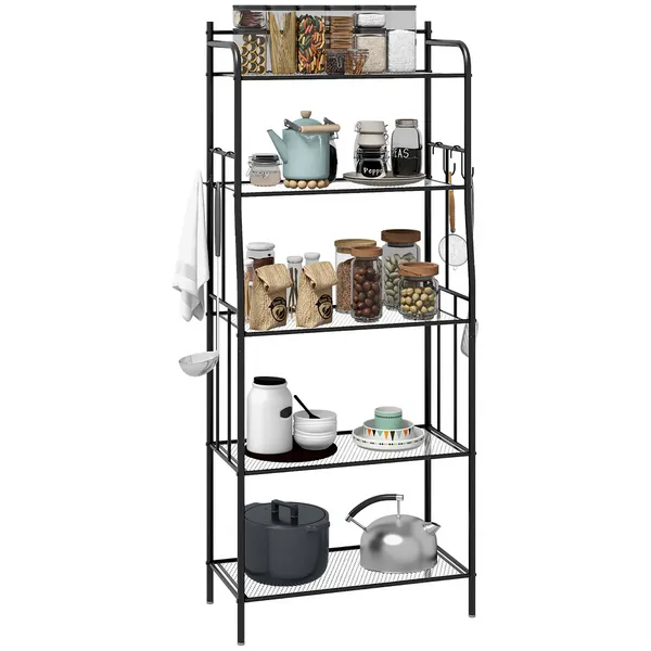 Image of HOMCOM 5-Tier Kitchen Storage Unit - Microwave Stand with Open Shelves and Hooks TJ Hughes 5056725535964