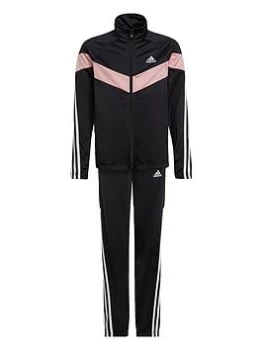 Image of adidas Older Girls 3 Stripe Colourblock Tracksuit - Black/Pink, Size 11-12 Years, Women