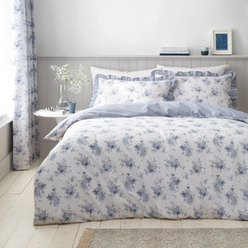 Image of Catherine Lansfield Lucie Floral Frill Reversible Duvet Cover Set With Pillowcase White Blue