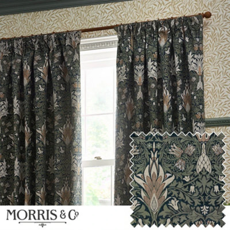 Image of Morris & Co Morris & Co Snakeshead Jacquard Chenille Room Darkening Pencil Pleat Curtains in Indigo Size: 229cm width x 229cm drop Indigo 229cm widt