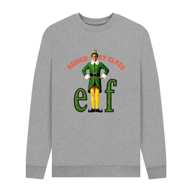 Image of Elf Mens Raised By Elves Movie Sweatshirt in Light Grey Size: Small Light Grey Male S