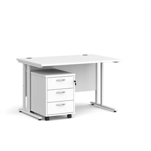 image of Maestro 25 Straight Desk White Frame White Table Top and 3 Drawer Pedestal - 1200mm