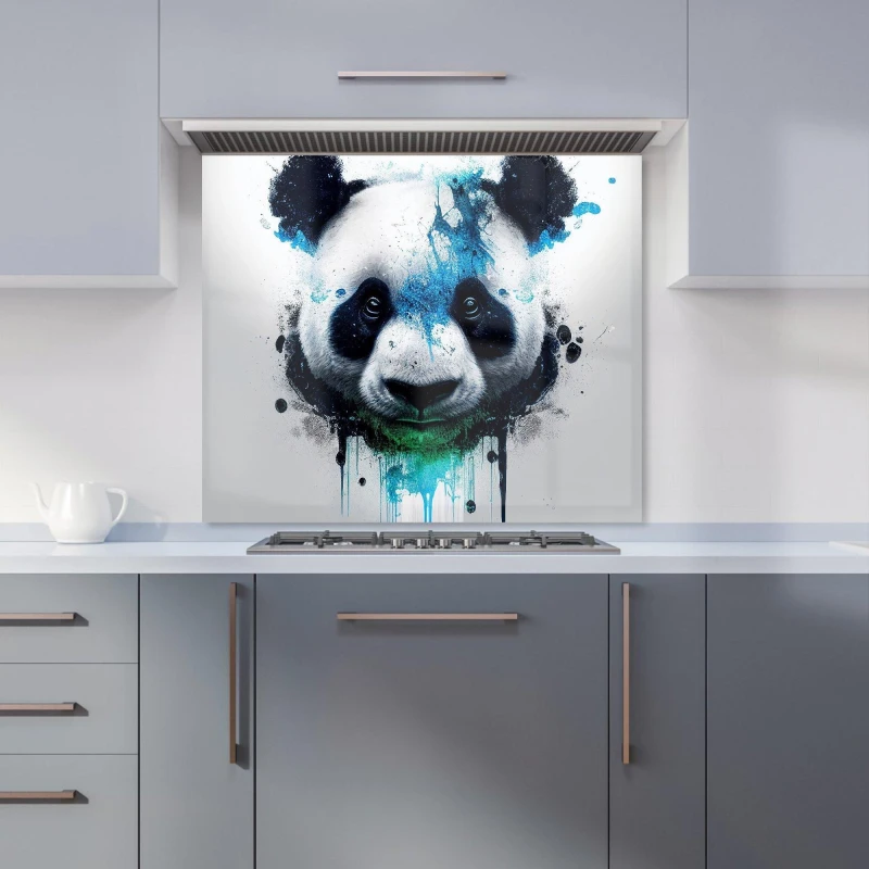 Image of Warren Reed - Designer Panda Face Splashart Light Background Kitchen Splashback in Blue Size: 600mm x 750mm Blue Unisex 600mm x 750mm