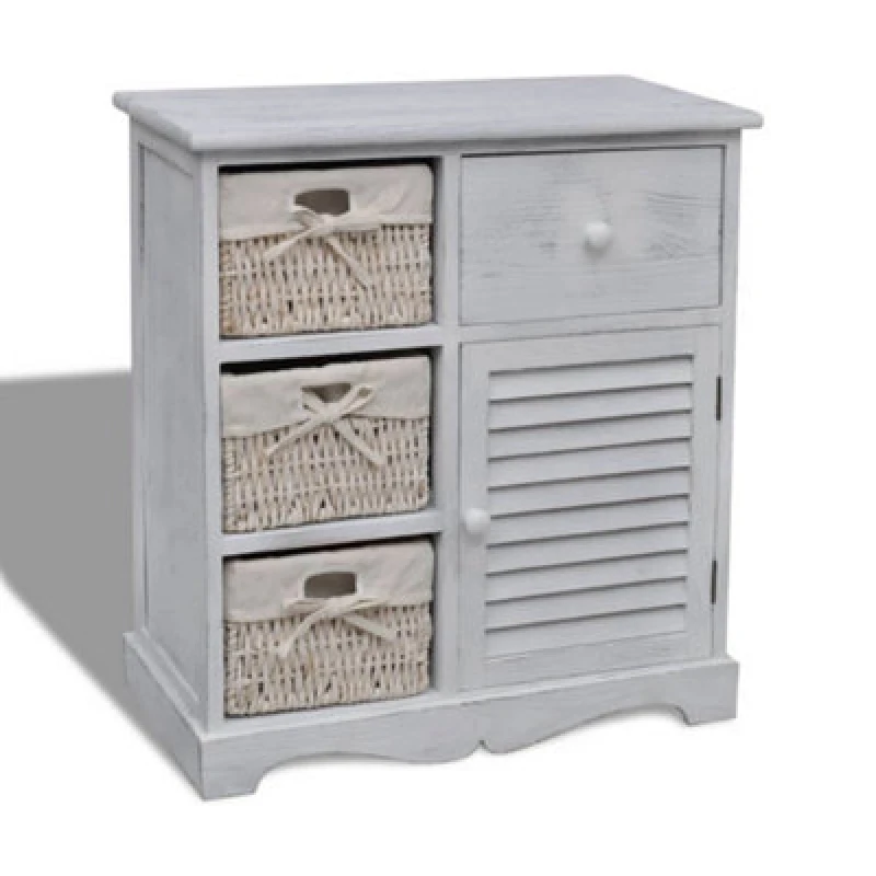 Image of vidaXL Wooden Cabinet 3 Left Weaving Baskets White Storage Organiser Sideboard